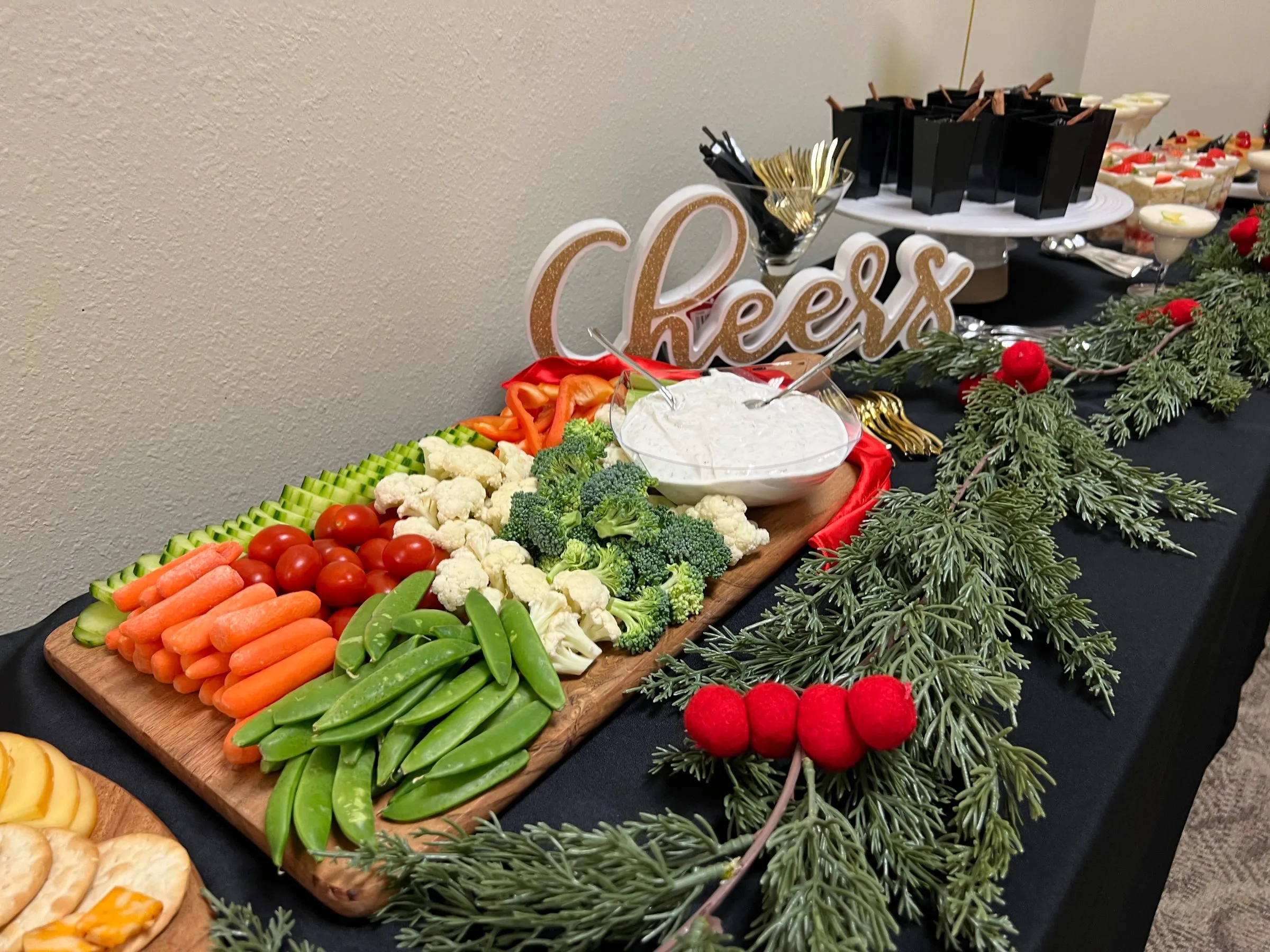 A buffet arranged for a corporate gathering.