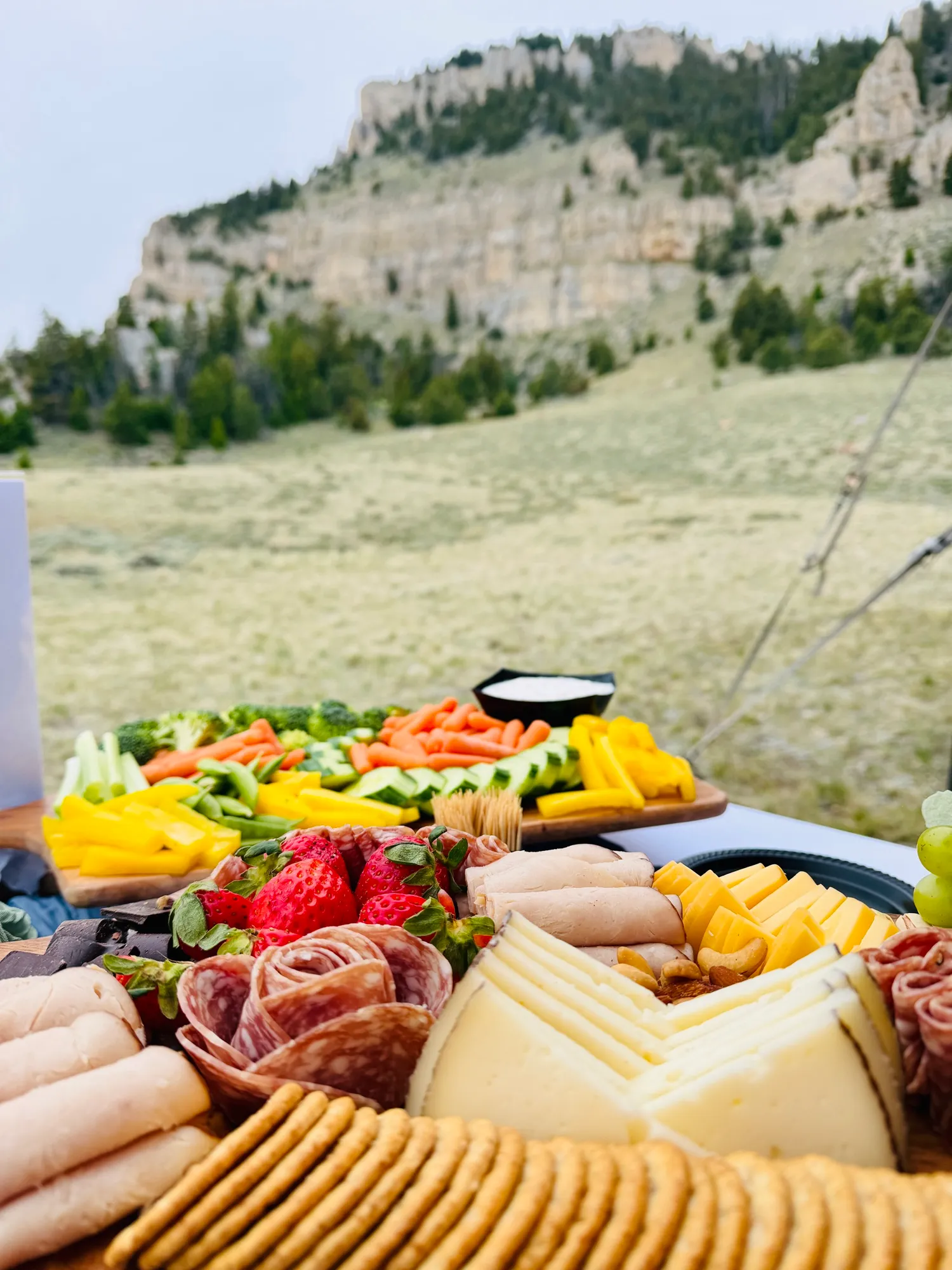 A charcuterie spread of meats, cheeses and fresh fruit laid out with the Wyoming hills behind it.